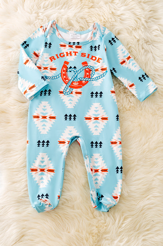Mint aztec printed boys bodysuit with footie.