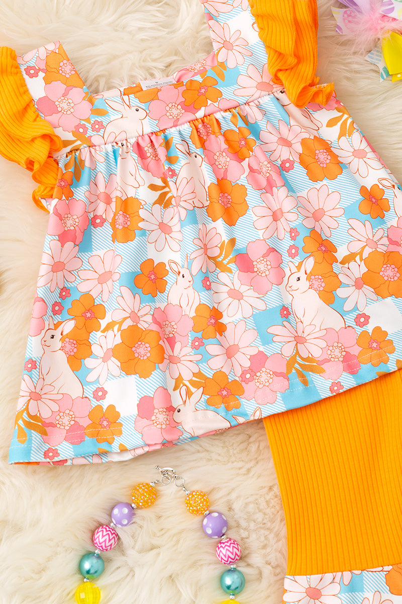 Easter bunny/ floral printed tunic and matching bell bottoms. OFG60145