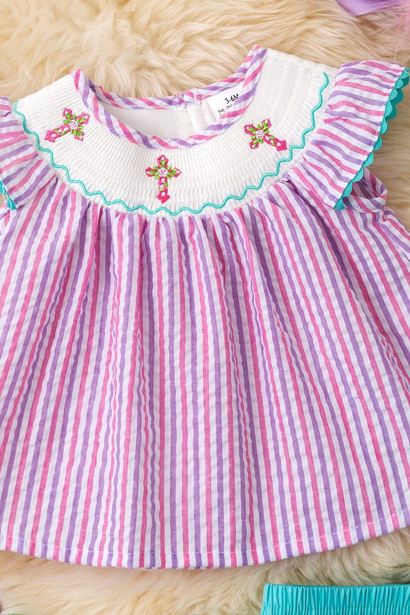 Cross embroidery smock neckline baby tunic & bloomers.