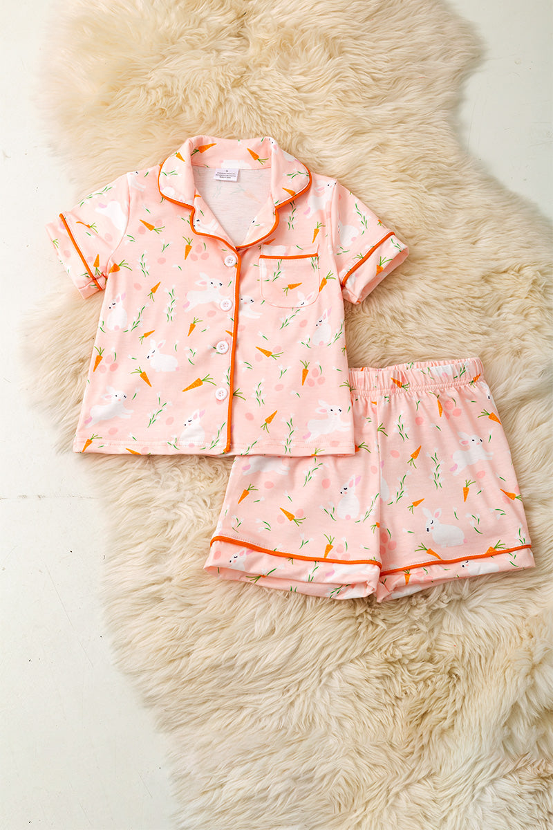 Girls coral Easter bunny pajamas.
