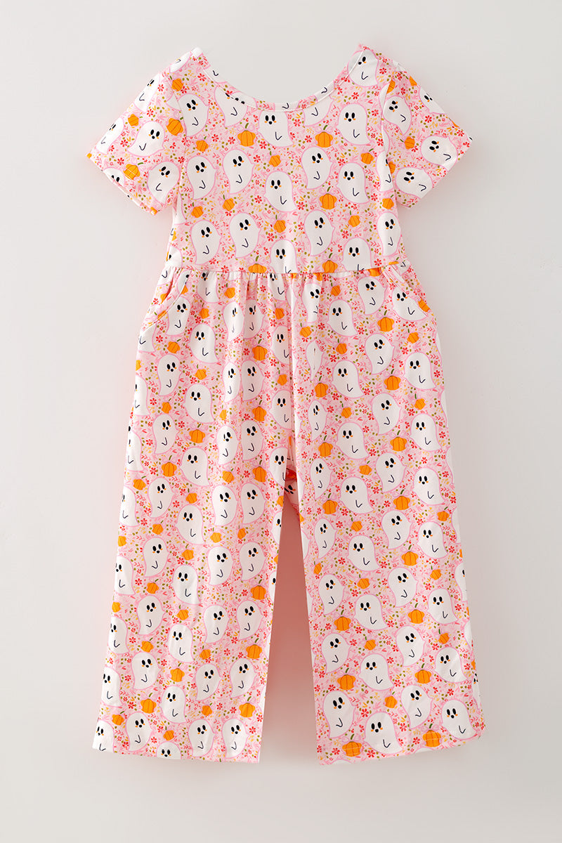 Lt. Pink ghost & pumpkin printed girls jumpsuit with pockets. PNG60537 -S-