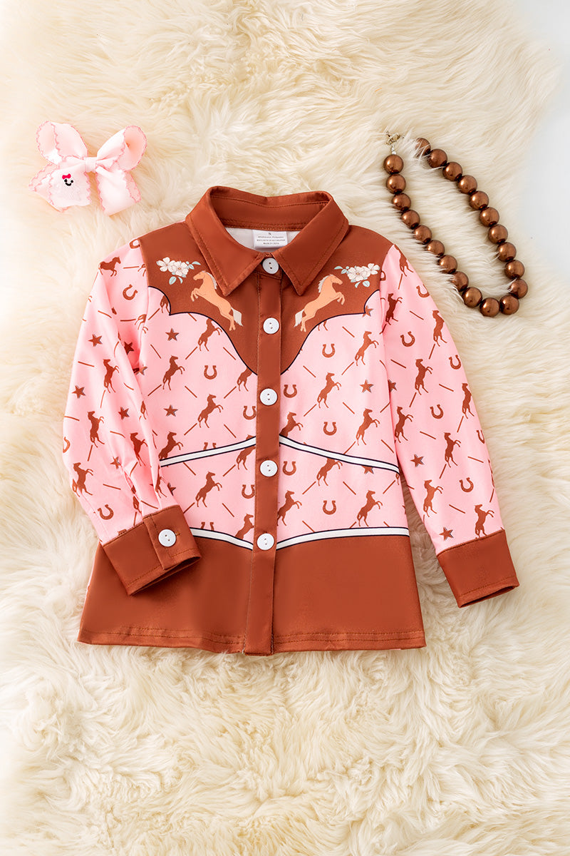 Girls western printed brown & pink button up long sleeve shirt. (Western) TPG50521