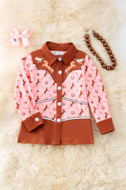 Girls western printed brown & pink button up long sleeve shirt. (Western) TPG50521