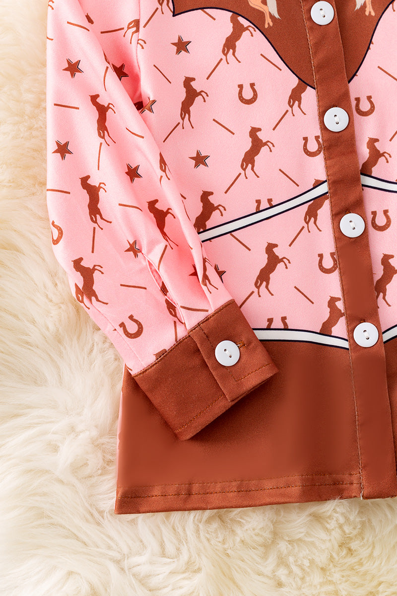 Girls western printed brown & pink button up long sleeve shirt. (Western) TPG50521