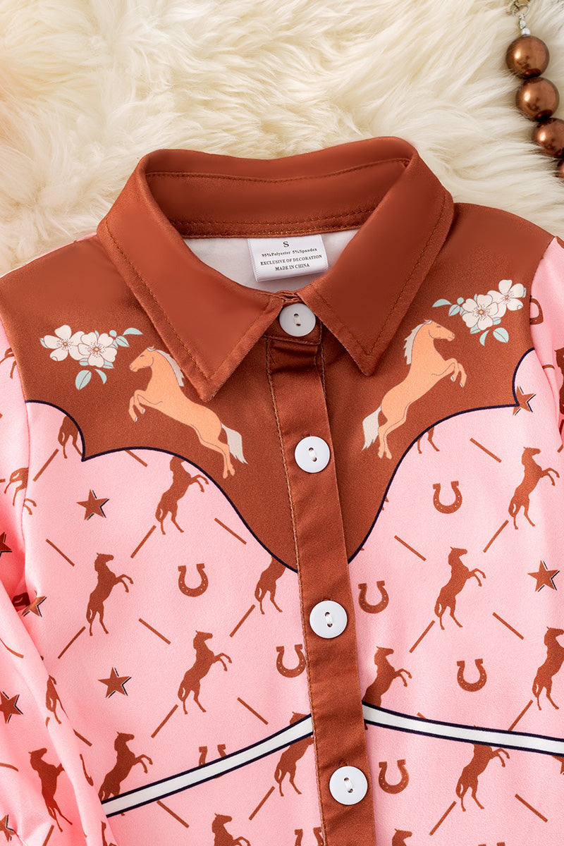 Girls western printed brown & pink button up long sleeve shirt. (Western) TPG50521