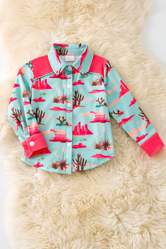 Pink & aqua dessert cactus printed button long shirt.(Western)