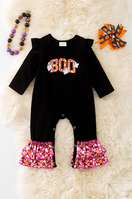 Black "BOO" Applique baby romper.