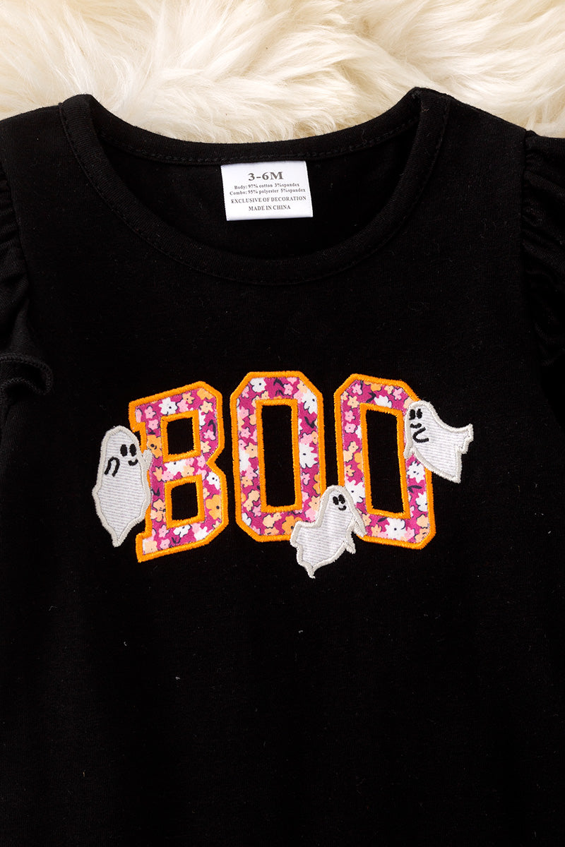 Black "BOO" Applique baby romper.