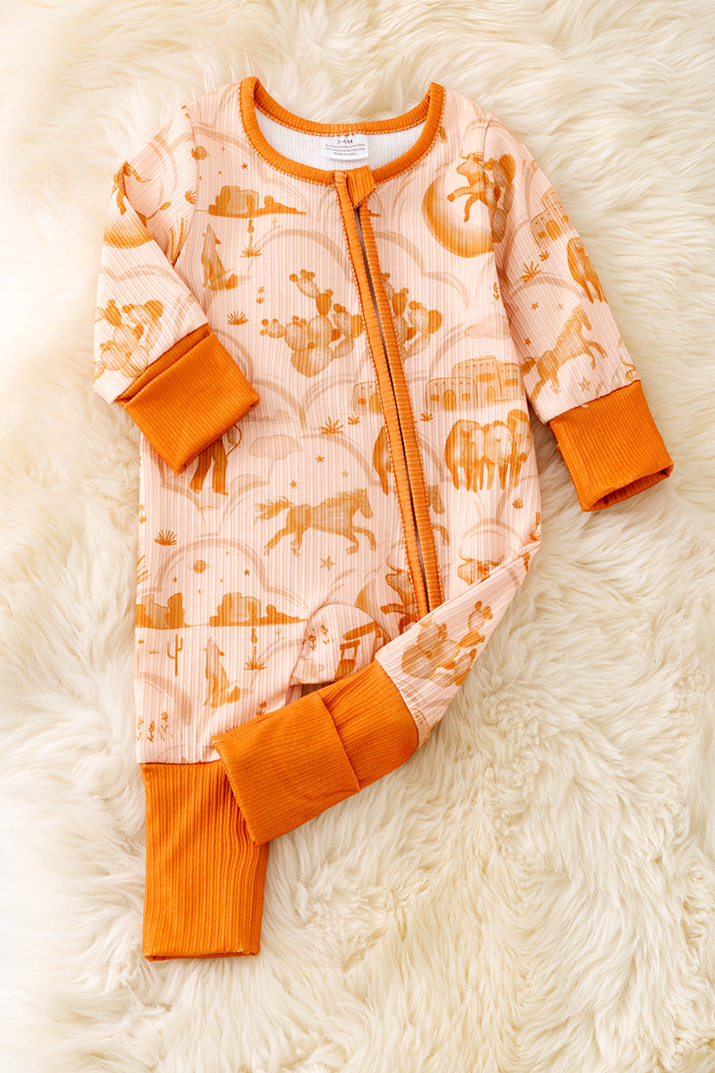 Orange multi printed western baby onesie w/zipper. (WESTERN)  RPG52749