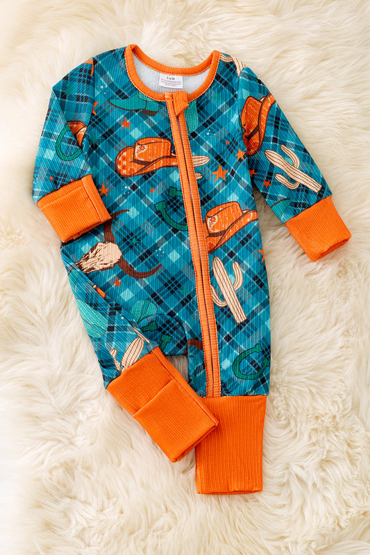Plaid western baby bodysuit with fold over footie.