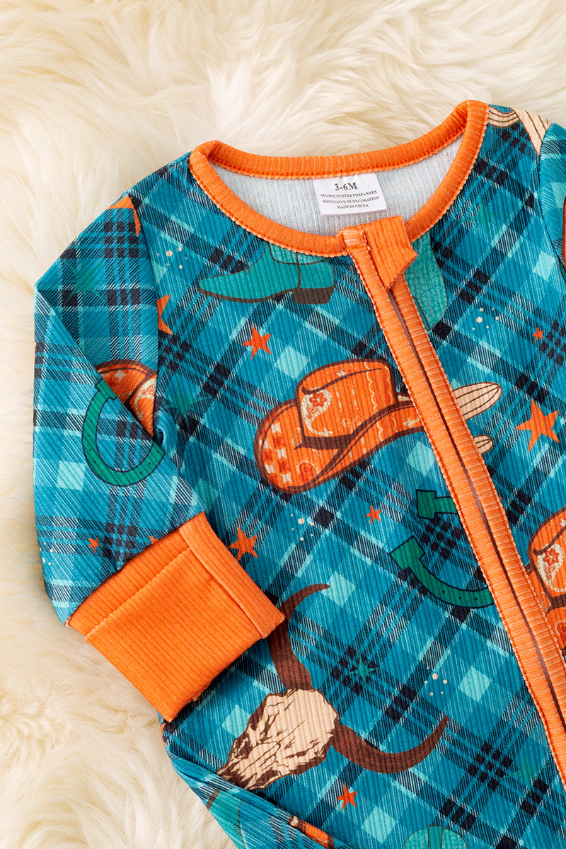 Plaid western baby bodysuit with fold over footie.