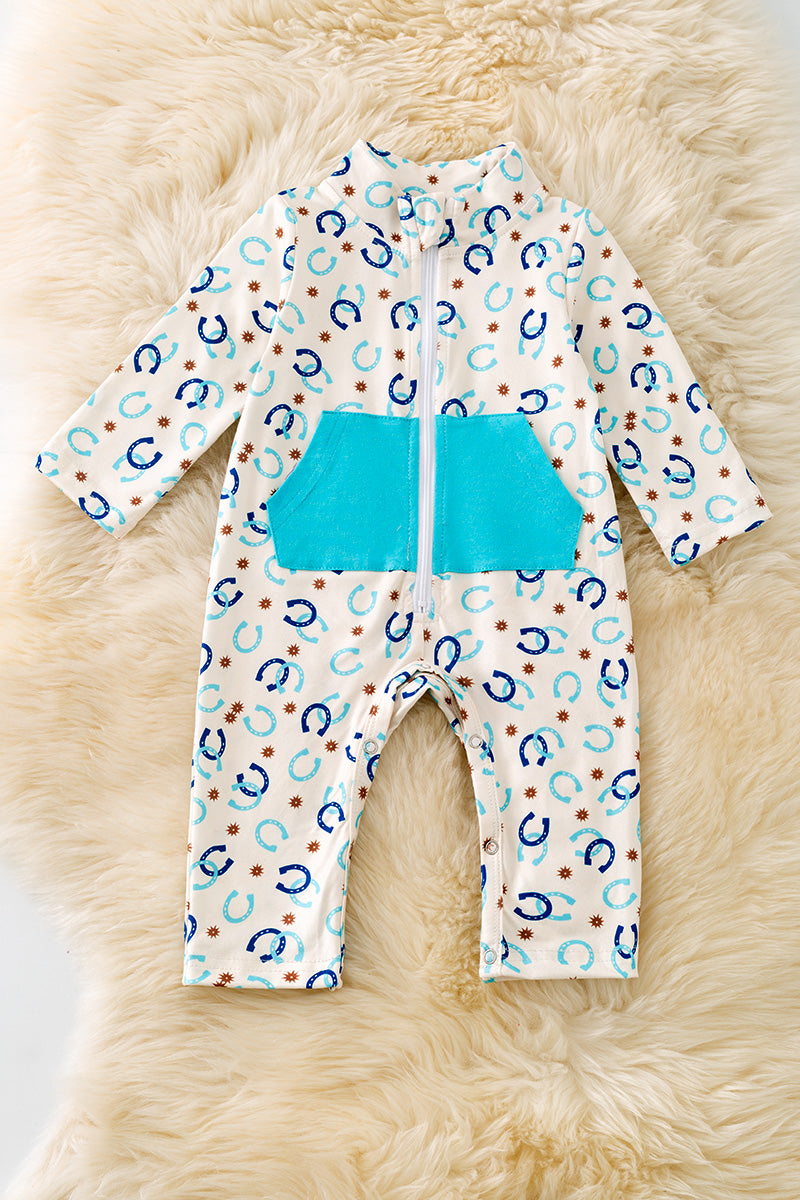 Blue Horse shoe printed baby bodysuit w/snapps & zipper. (WESTERN)  RPG51316