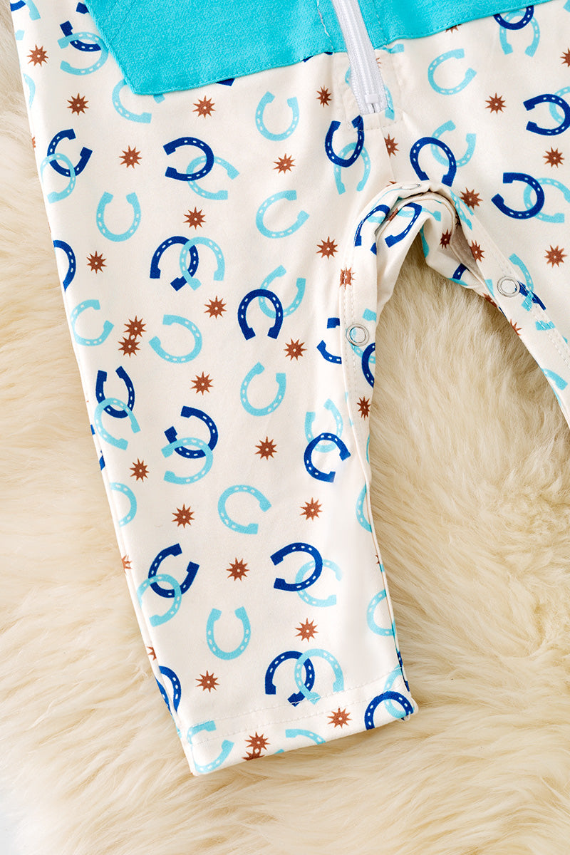 Blue Horse shoe printed baby bodysuit w/snapps & zipper. (WESTERN)  RPG51316