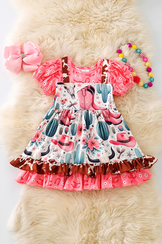 Wild west multi printed dress with bubble sleeve.