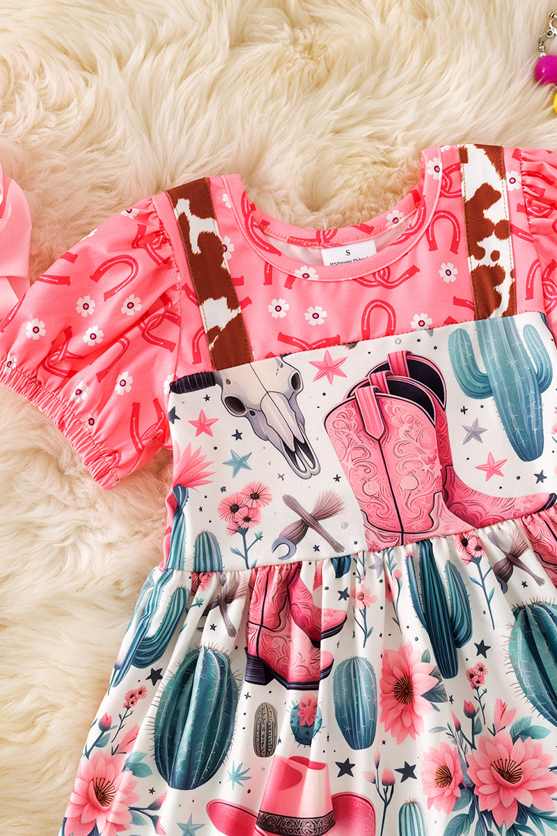 Wild west multi printed dress with bubble sleeve.