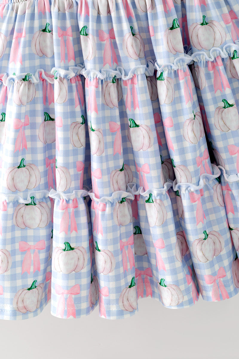 Blue gingham w/ pumpkin printed smocked tiered dress. DRG65299 SOL