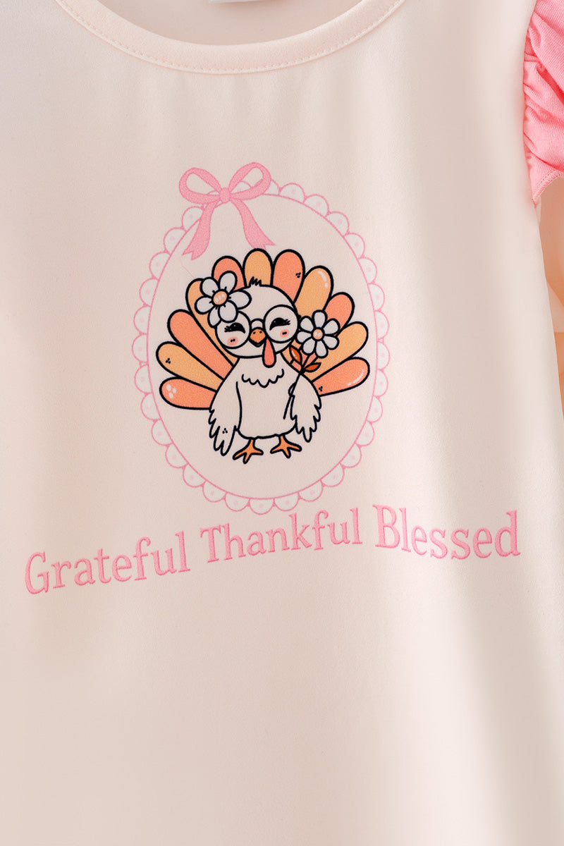 "Grateful thankful Blessed" Cream turkey printed top and multi printed bottoms. OFG63146 AMY
