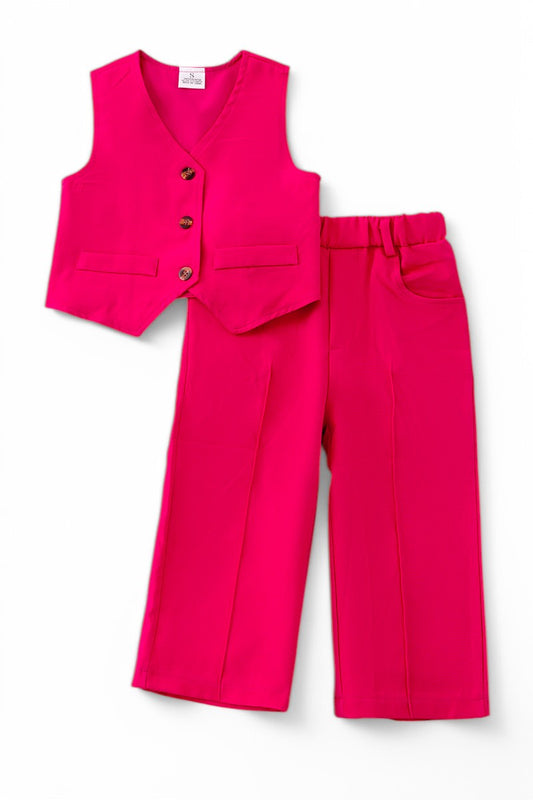 Fuchsia vest with dressy pants.