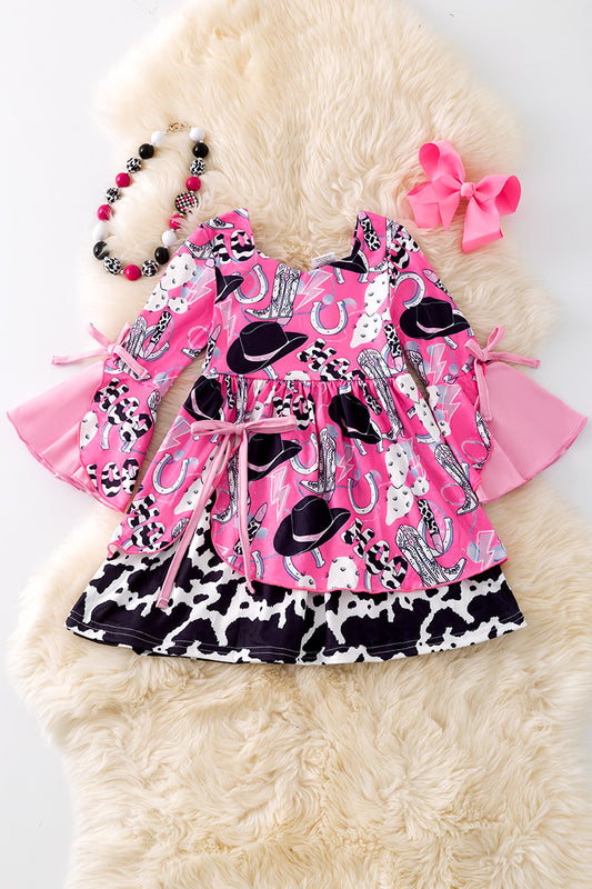 Cowgirls fuchsia printed dress with bell sleeves. DRG20009