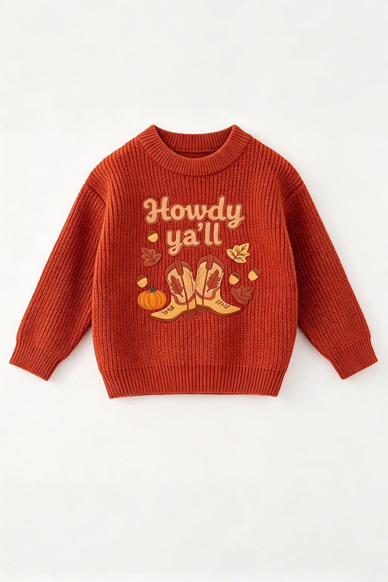 "Howdy Ya'll" Rust orange knit sweater. TPG60421 SOL