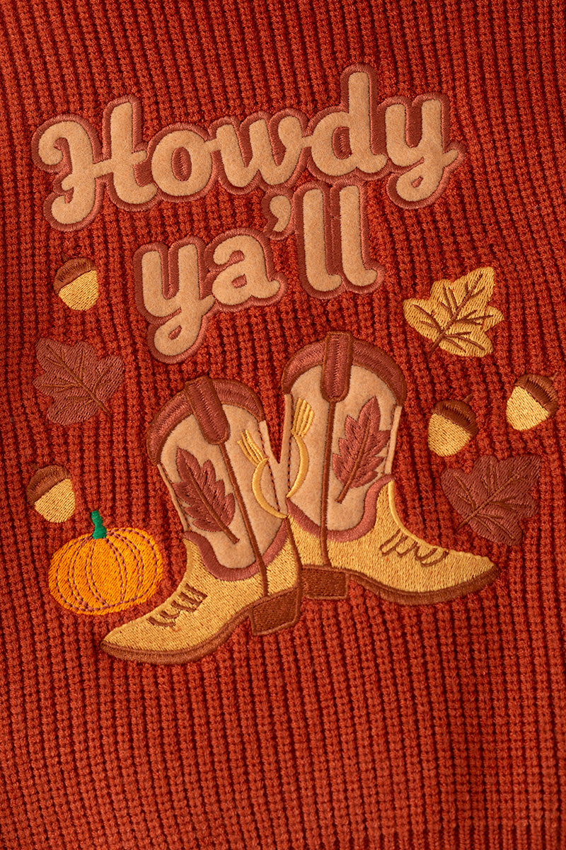 "Howdy Ya'll" Rust orange knit sweater. TPG60421 SOL