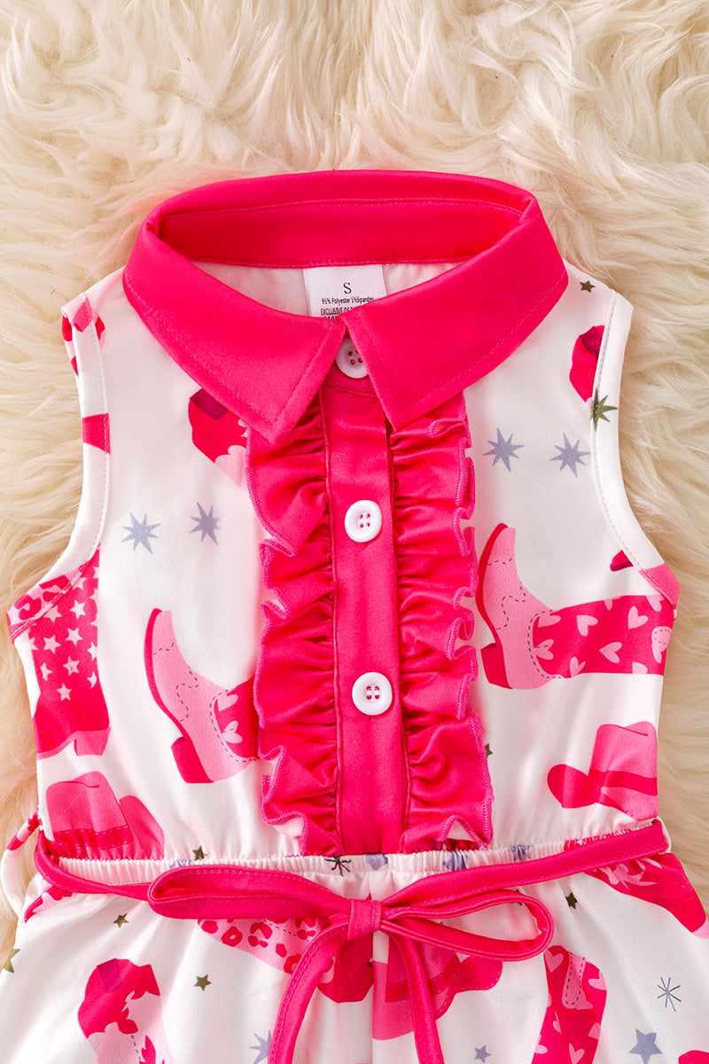 Western on white printed girls short romper. PNG20006