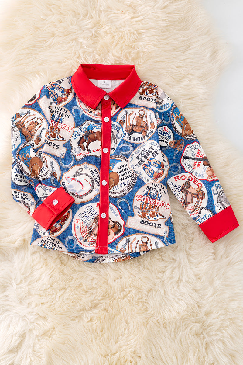 Boys western printed button up long sleeve shirt.