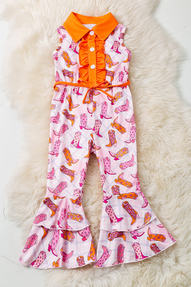 Pink & orange boot printed girls jumpsuit.