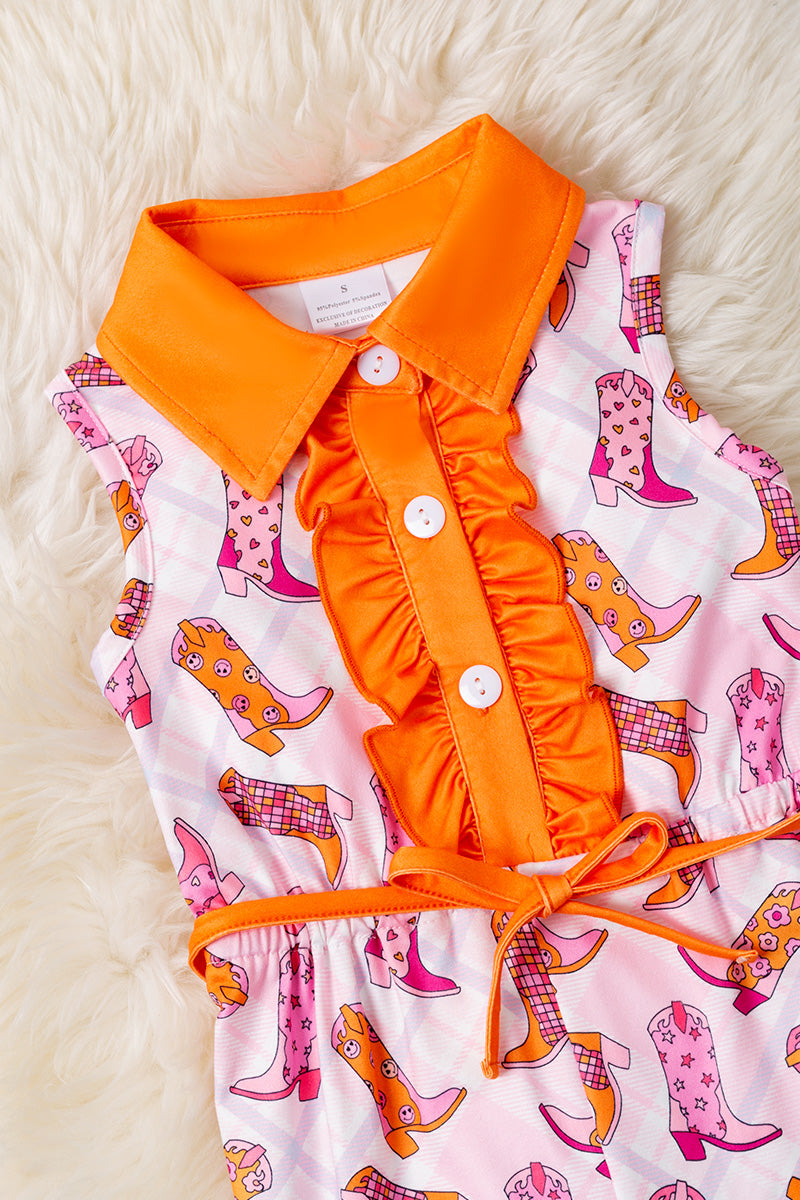 Pink & orange boot printed girls jumpsuit.