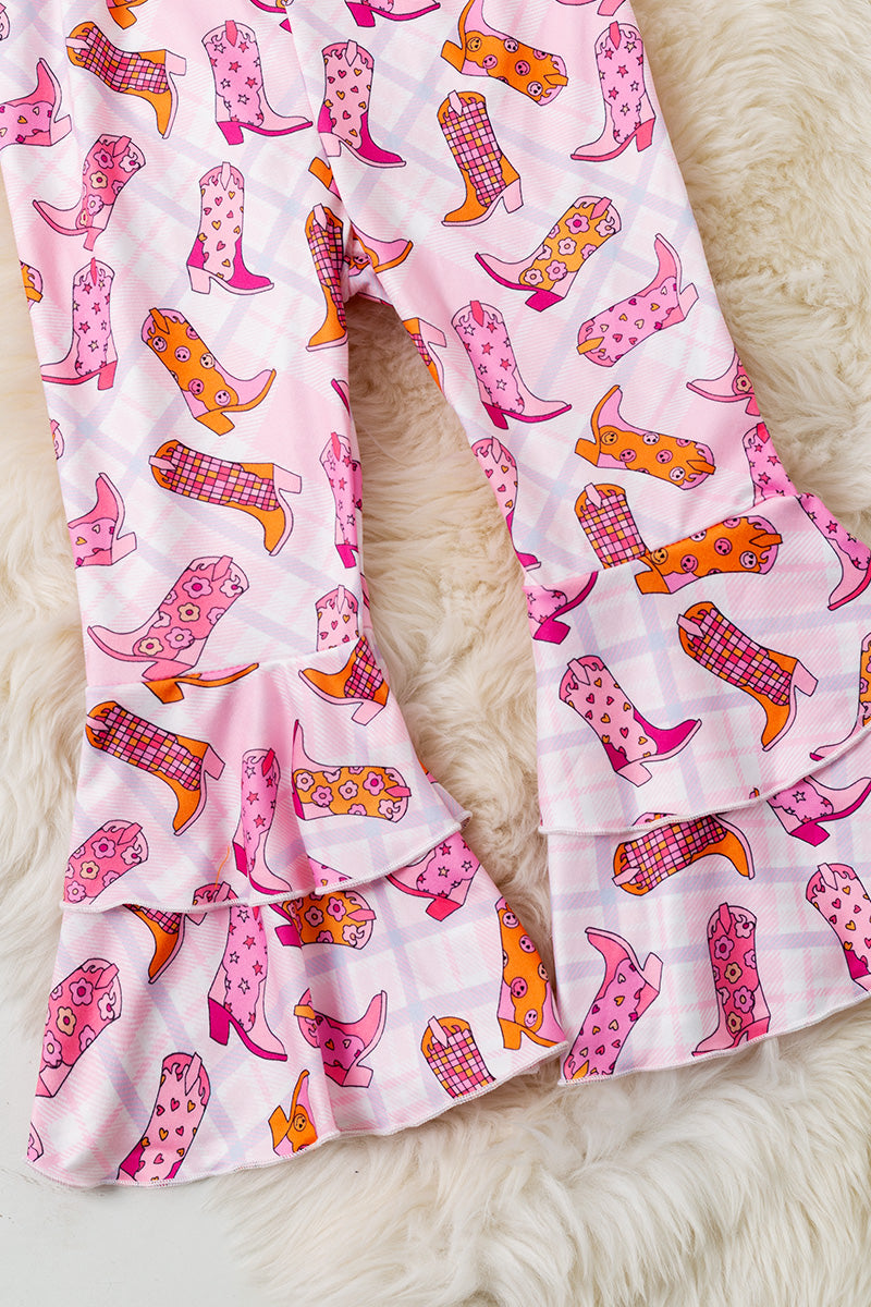 Pink & orange boot printed girls jumpsuit.