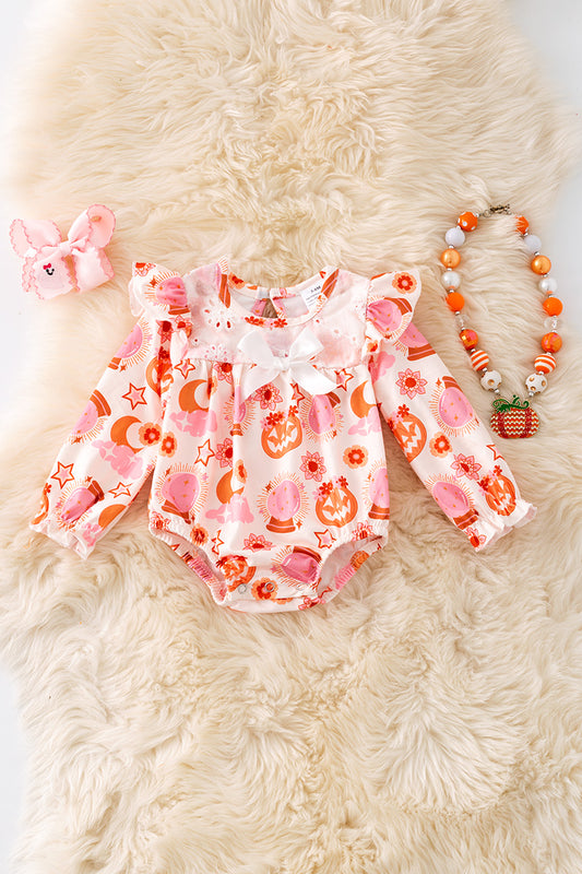 Mad pumpkin printed bubble baby onesie with embroidery.