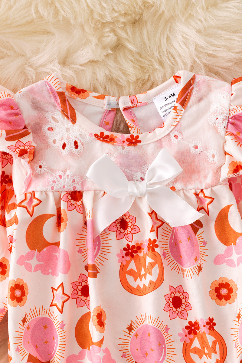 Mad pumpkin printed bubble baby onesie with embroidery.