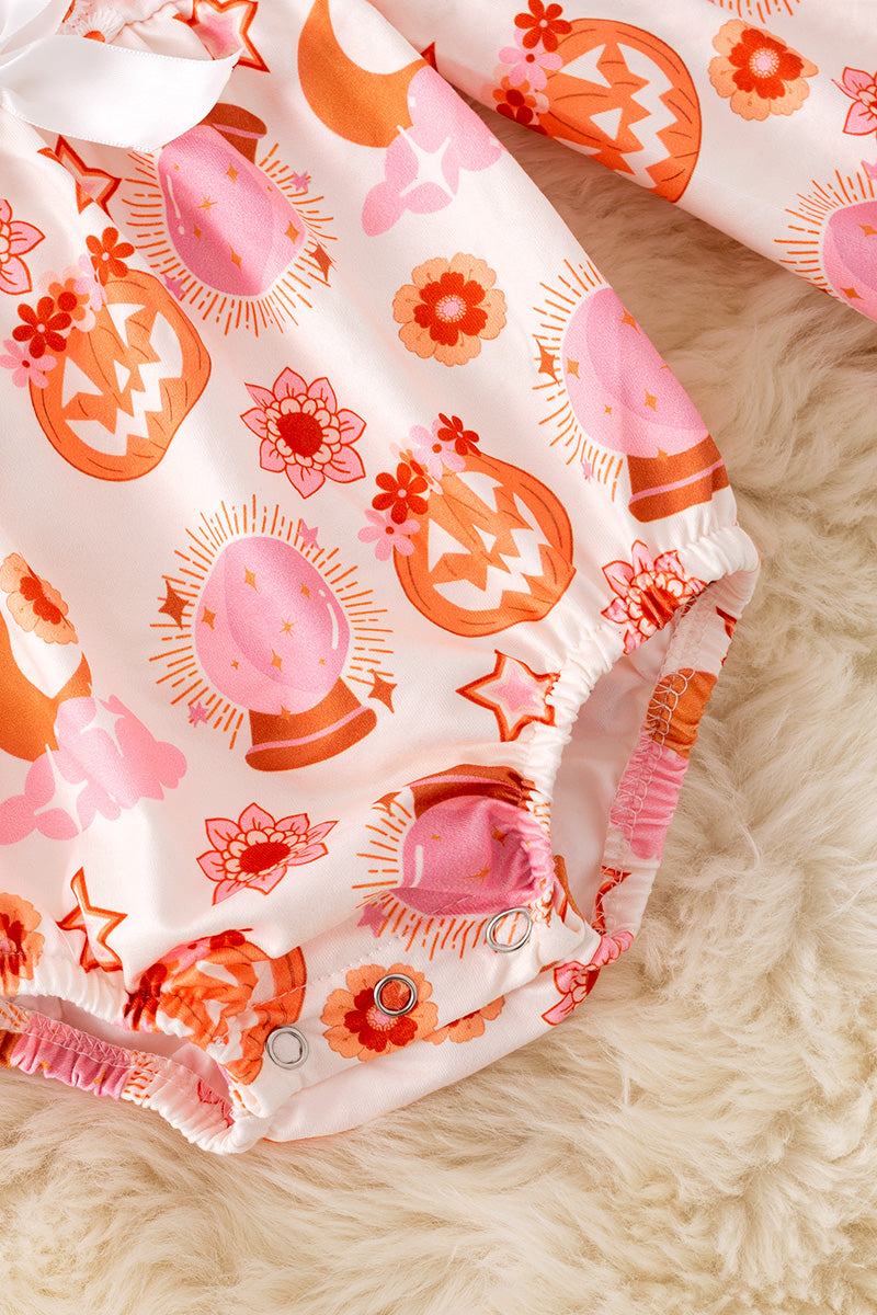 Mad pumpkin printed bubble baby onesie with embroidery.