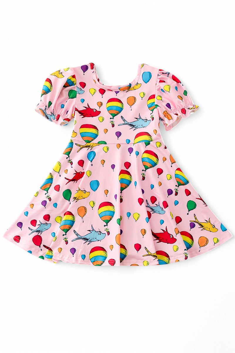 Air balloon Dr Seuss printed dress with bubble sleeves.