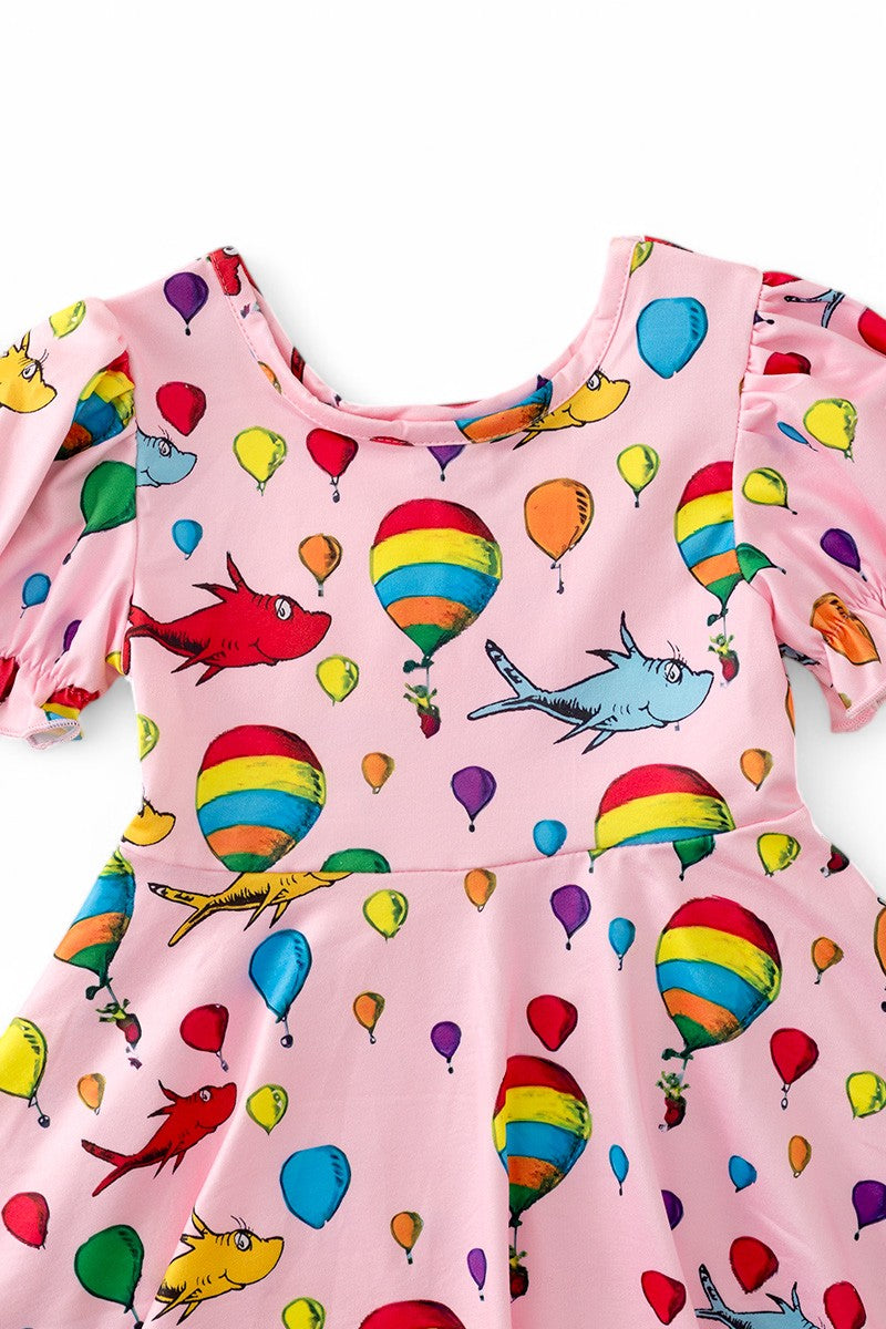 Air balloon Dr Seuss printed dress with bubble sleeves.