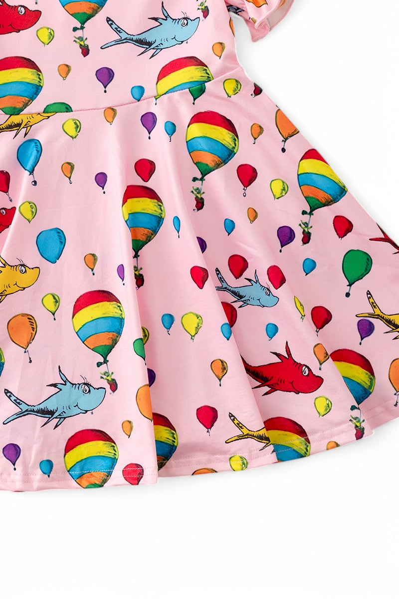 Air balloon Dr Seuss printed dress with bubble sleeves.