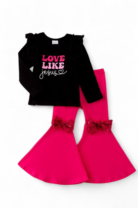 "Love Like Jesus" Black long sleeve top & fuchsia pants.