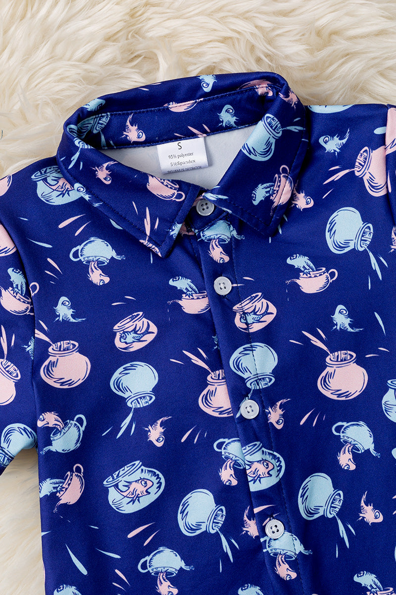 Dr. S navy blue button up shirt with collar.