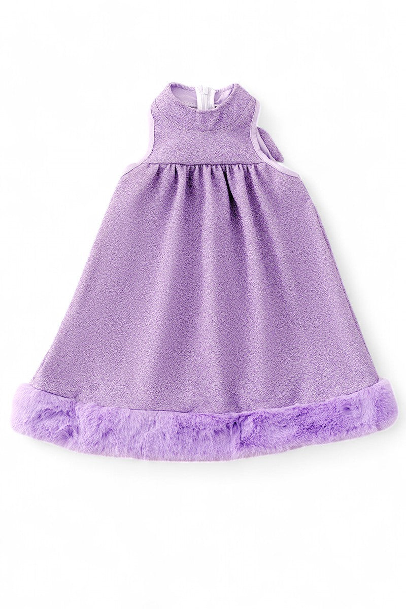 Lilah dress made with shimmery fabric & faux fur trim.