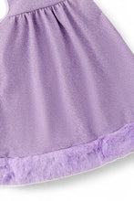 Load image into Gallery viewer, Lilah dress made with shimmery fabric &amp; faux fur trim.
