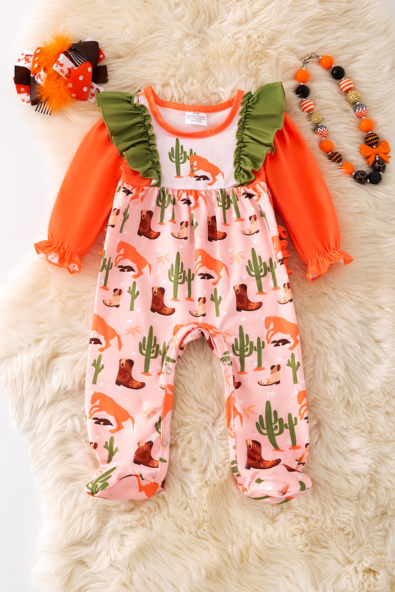 Western boot printed girls onesie with ruffle butt.
