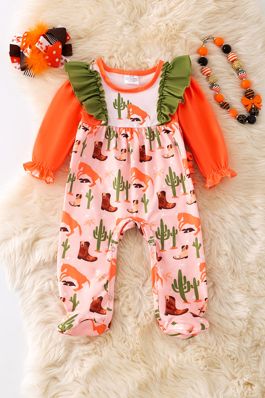 Western boot printed girls onesie with ruffle butt.