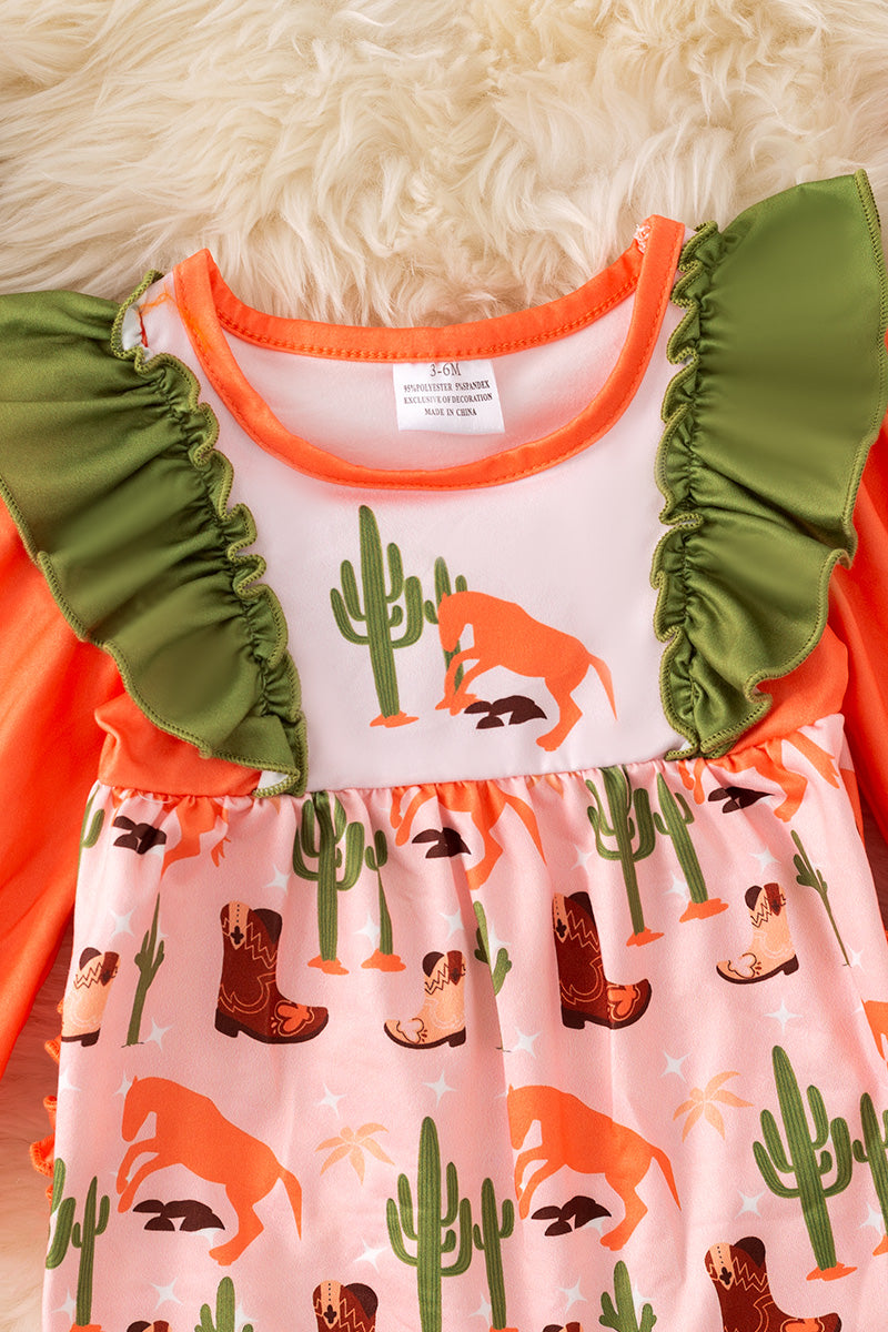 Western boot printed girls onesie with ruffle butt.