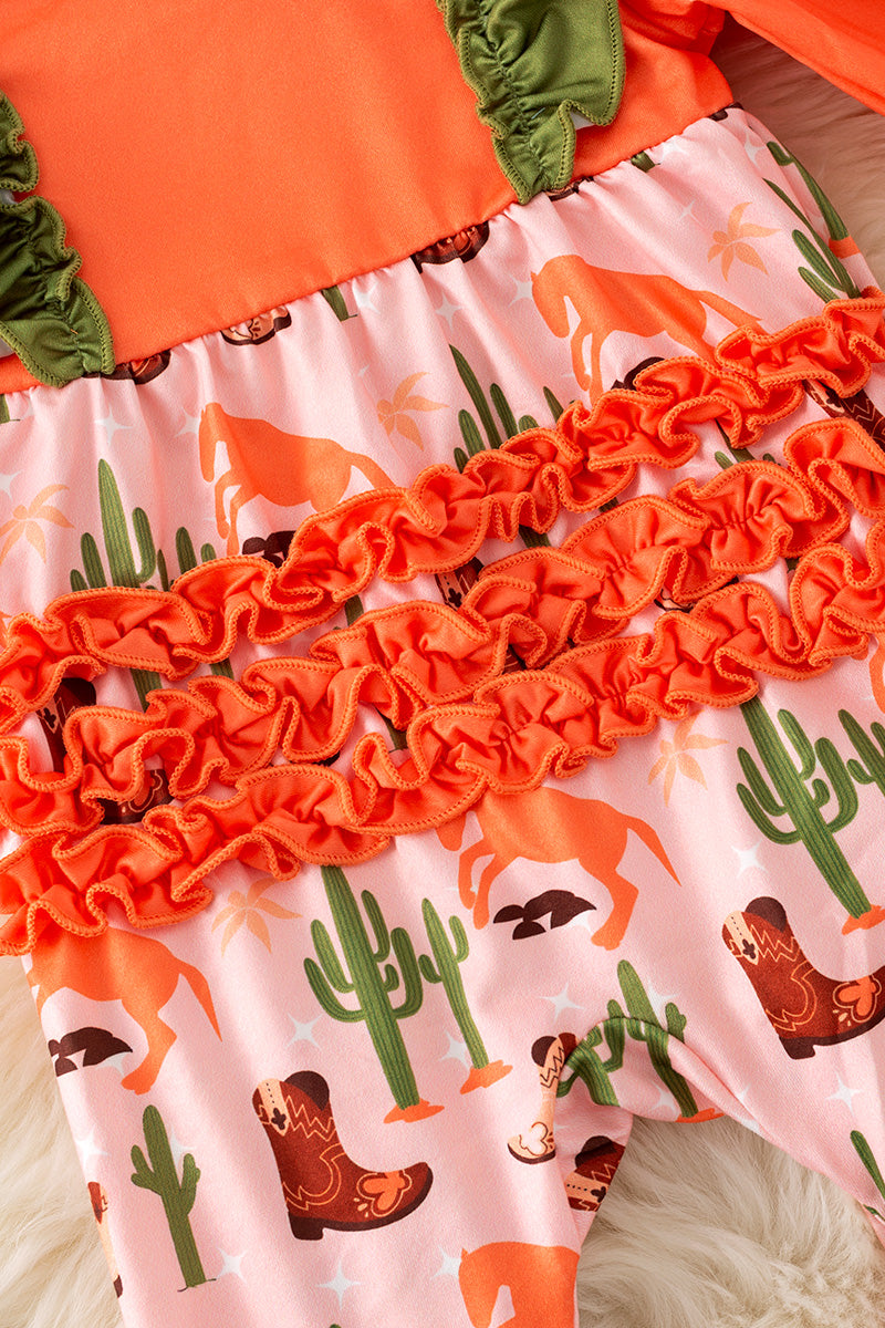 Western boot printed girls onesie with ruffle butt.