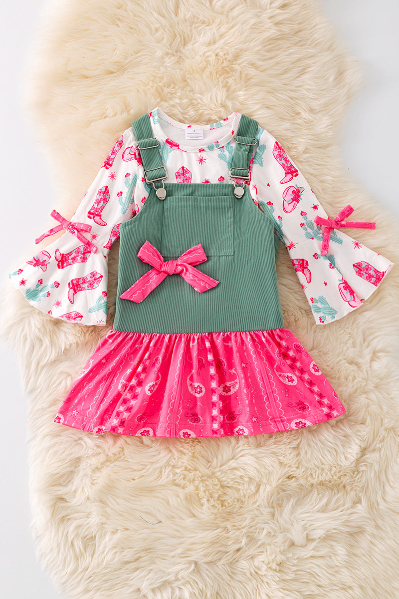 Ever Green corduroy suspender dress with Paisley hem and long sleeve shirt. (Western)