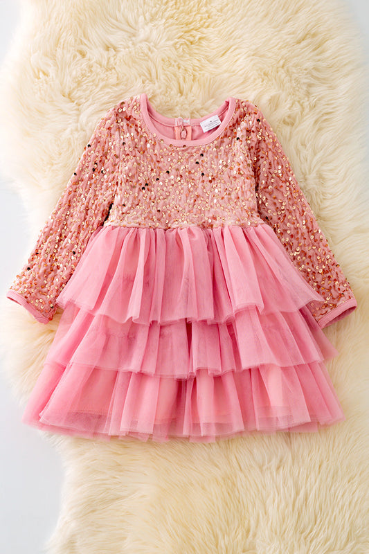 Pink Sequin Dress w/ Tiered Tulle Skirt