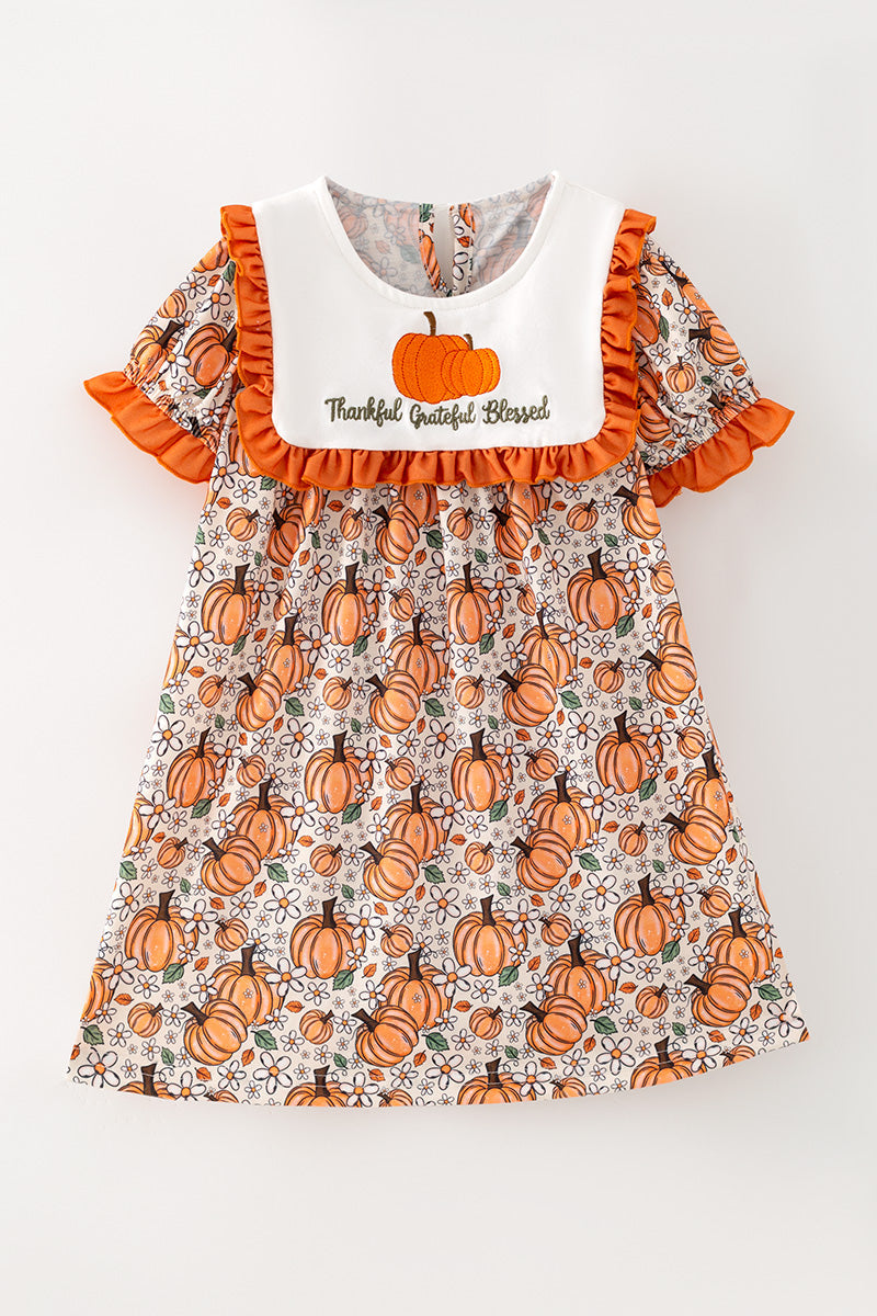 Thankful grateful Blessed" Embroidered dress w/pumpkin print. DRG65300 Mon
