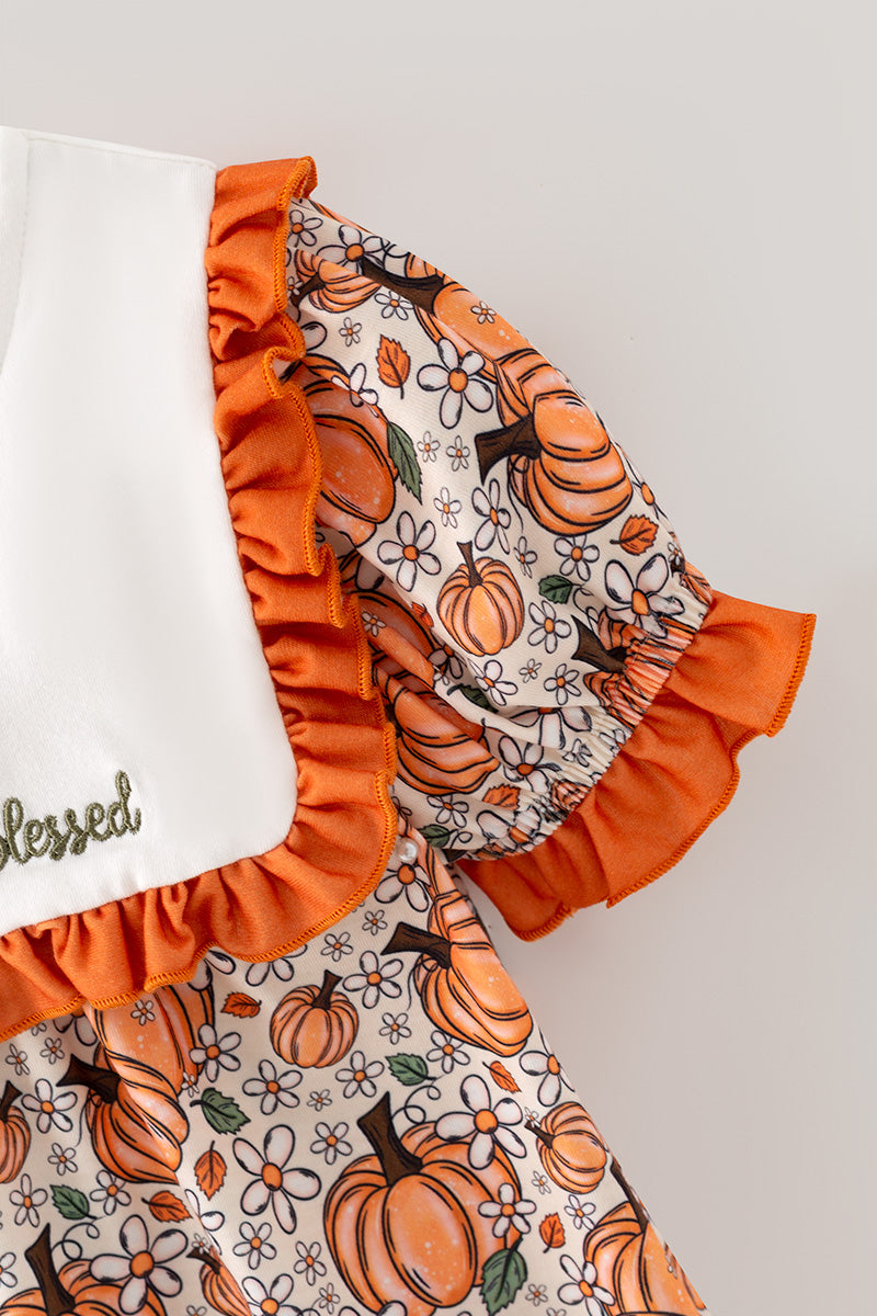 Thankful grateful Blessed" Embroidered dress w/pumpkin print. DRG65300 Mon