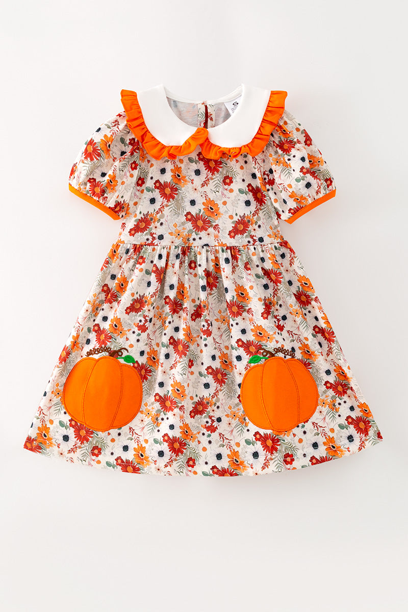 Fall floral printed girls dress w/ pumpkin applique. DRG65303 SOL