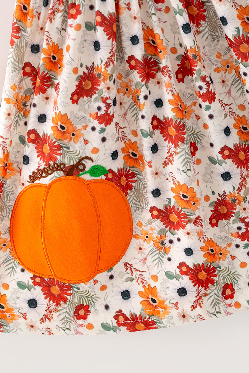 Fall floral printed girls dress w/ pumpkin applique. DRG65303 SOL